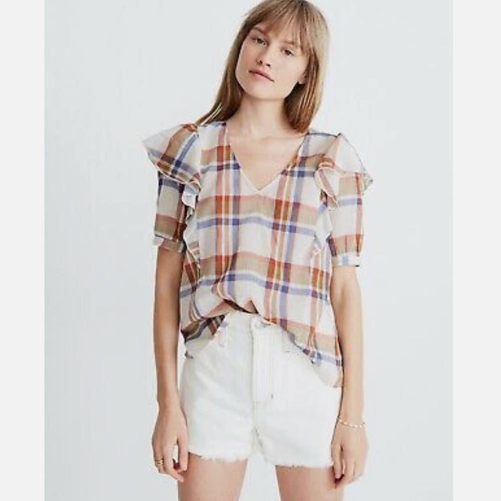 Madewell V-Neck Shoulder-Ruffle Top in Plaid / XX-SMALL / SHADY PLAID RUSTED TIN